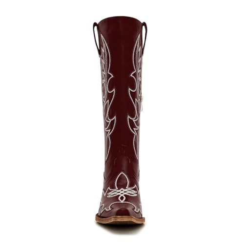 Image of Uillnoodu Women's Turquoise Cowgirl Boots - Wide Calf Mid Calf Western Boots Plus Size Embroidered Cowboy Style with Block Heel