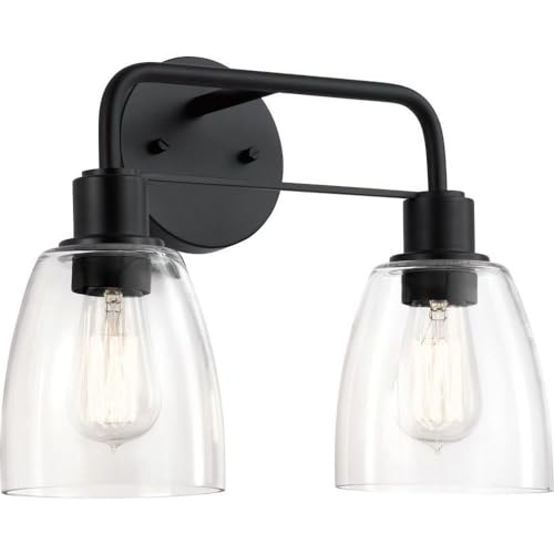 Image of Kichler Meller 2-Light Industrial Vanity Light, Black | Modern vanity light with clear glass for bathroom mirrors and vanities (15 inch x 11.25 inch x 11.25 inch), 55101BK