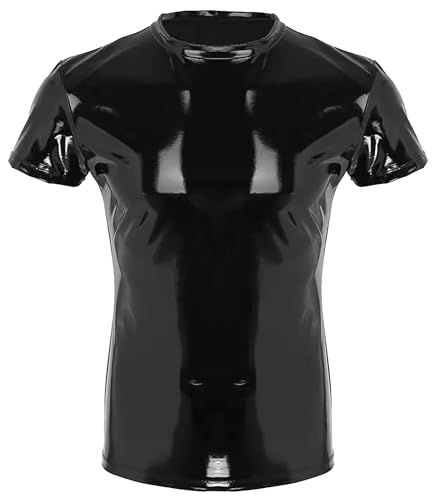 AIEOE Herren Lackleder T-Shirt Männer Latex Unterhemd Kurzarm Clubwear Wetlook Oberteil Schwarz A Herstellergröße XXL/EU Größe M