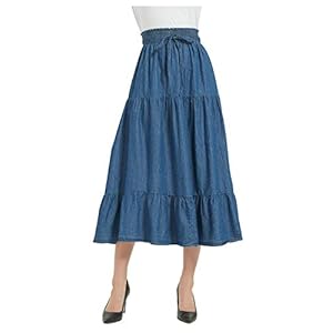 Tronjori Womens A Line Long Midi Denim Skirt Tired Pleated Layers Elastic Waist Front Drawstring