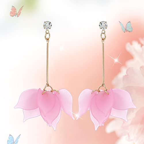 1 Pair Gold Tropical Flower Acrylic Flower Drop Dangle Elegant Bohemian Boho Cute Earring Set Pack Aesthetic Jewelry Kawaii Plastic Colorful Petal Earrings Flat Back Earrings (Pink, One Size) #TOP1