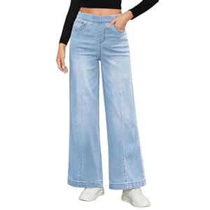 Jeans Damen High Waist Pull On mom Jeans Stretchy High Waisted Denim Wide Leg Trouser Pants Trendy Front Seam 90s Loose Jean