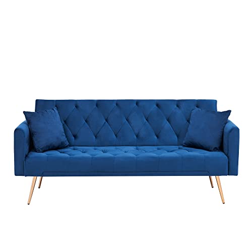 Eafurn 71” Button Tufted Futon Sofa Bed With Armrest, Velvet Convertible Sleeper Couch With Adjustable Backrest And Throw Pillows For Living Room, Small Sofa & Couches With Golden Legs #TOP16