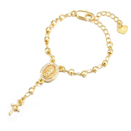 Rosenkranz Armband Communion Geschenke für Mädchen – Verstellbares Vergoldete Jungfrau Maria Kreuz Armband für Kinder, Christliche Schmuck Taufgeschenke Erstkommunion Geschenke für Mädchen, Silber