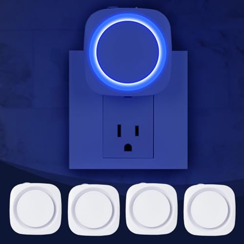 Fusunloh Blue Night Lights Plug in to Wall 4 Packs Dimmable Night Light with Auto Dusk to Dawn Sensor Soft Glow Night Light for Bathroom Bedroom Hallway Stairs Kitchen Blue