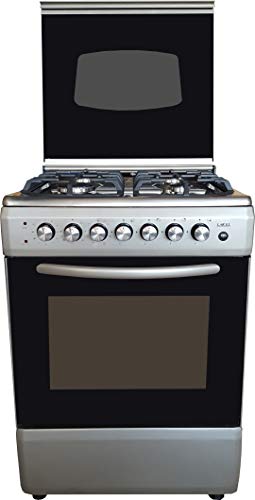 Cocina LAREL plateado/inoxidable 60 x 60 4 fuegos con horno eléctrico, grill eléctrico y tapa de cristal