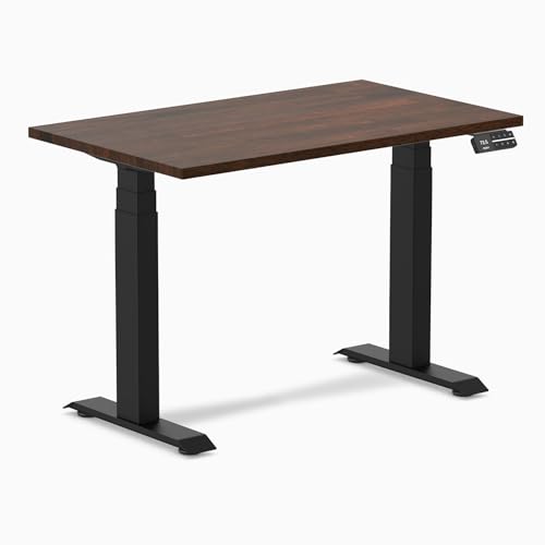 Image of Desky Small Electric Standing Desk, 40 x 24 inches Rubberwood Height Adjustable Sit Stand Desk with Dual Motor and Memory Presets, Compact Home Office Workstation - Dark Walnut Wood Top