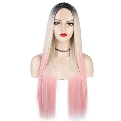 Stamped Glorious 26 Inch straight Long wig for women Wig Black to White to Pink Wigs Synthetic Middle Part Hair Wig for Daily Party Use (Black to White to pink) …