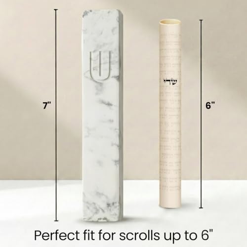 Image of SURI Mezuzah for Door - 7 Inch Marble Cream Concrete Mezuzah Case with Non Kosher Scroll, Self-Stick Jewish Entry Design, Fits a 6 Inch Scroll, Gift Box Included