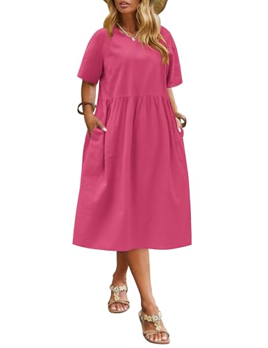 IN'VOLAND Übergröße, Baumwoll-Leinenkleider für Damen, kurzärmelig, Sommerkleid, Midi-Kleid mit Taschen, Knallpink (Hot Pink), 48 Mehr