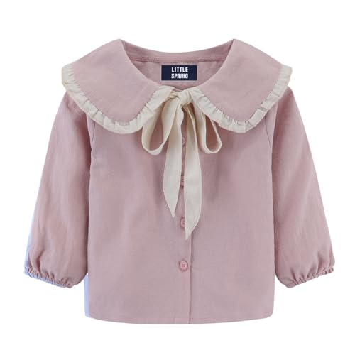 Image of LittleSpring Girls Button Down Shirt with Peter Pan Collar Tie Bow Blouse