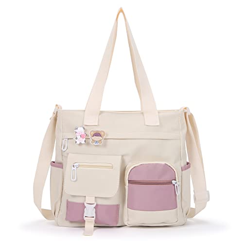 Phaoullzon Bolso cruzado para adolescentes, bolso de mensajero Kawaii de nailon, Beige1, M, Medium (3
