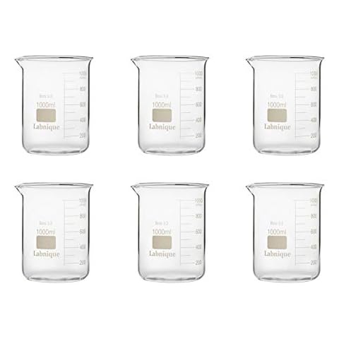 Labnique Borosilicate 3.3 Glass Griffin Beaker, Low Form with Printed Graduation, Double Boxed, 1000ml / 1L (Pack of 6) Cover