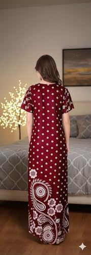 Image of Women Cotton Nighty Combo Pack of 2, Printed Maxi Nighty Gown, Short Sleeve Cotton Nightdress, Soft Breathable Ankle Length Sleepwear Nightwear for Ladies, Free Size