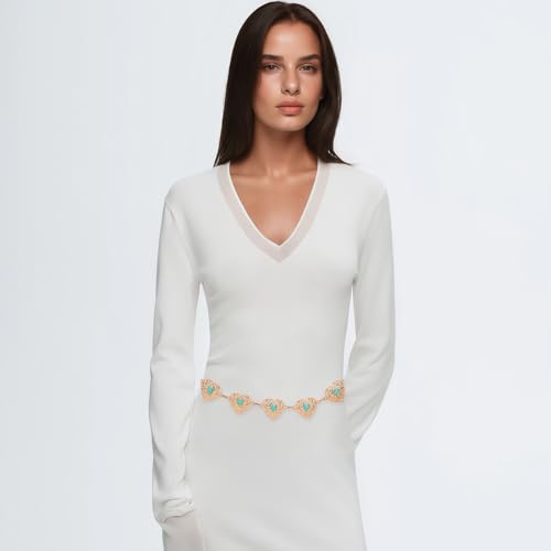 Women Western Metal Chain Belt for Dress Jeans Heart Turquoise Waist Belts Gold or Silver