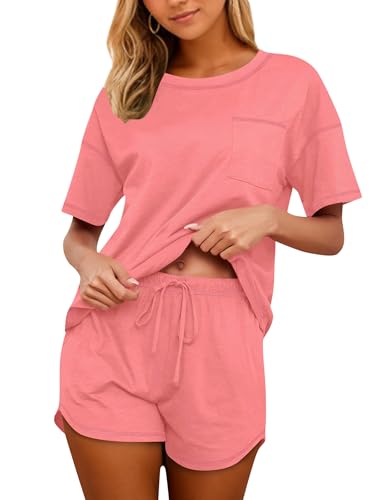 Image of KCW Pajamas for Women Set 2 Piece 100% Cotton Lounge Sets Short Sleeve Top and Shorts Pj Set Sleepwear Outfits