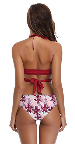 image for SHEKINI Womens Bathing Suits Push Up Halter Bandage Bikini Floral Prin