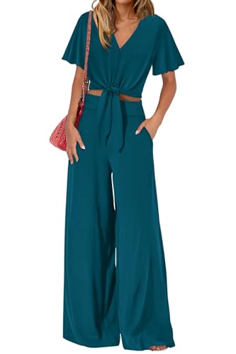PRETTYGARDEN Women 2 Piece Summer Outfits Short Sleeve Strappy Top Wide Leg Pants Tracksuit Lounge Sets Beach Clothes(Dark Blue,X-Large)