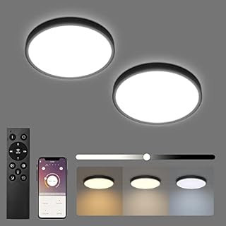 Klighten 2 Pack Dimmable LED Ceiling Lamps 24W with Remote Control, Round Black Ceiling Light with App, Modern Flush Ceiling Lighting for Bedrooms Kitchen, Ø23cm×H2cm, 2700K-6000K, 2160Lumen