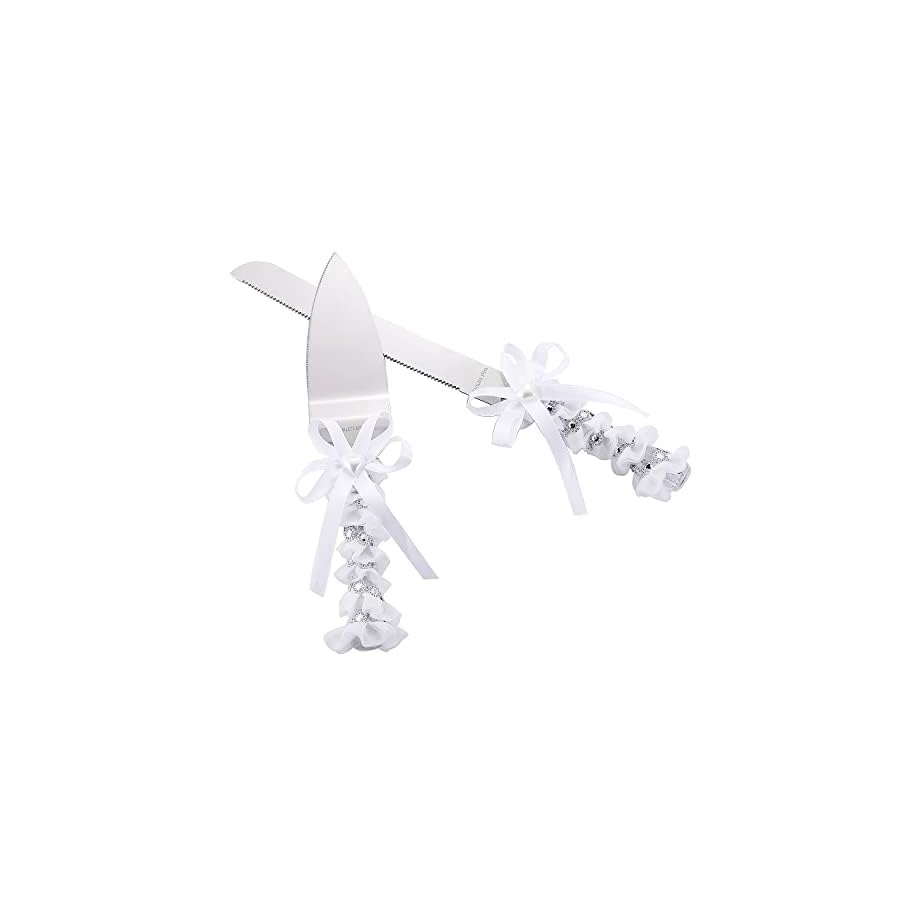 TANG SONG Elegant Stainless Steel Wedding Cake Knife and Serving Set Resin Plastic Handle with Heart Beads and Bowknot Riband Lace Design