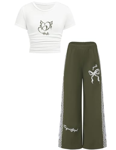 Girls 2 Piece Outfits Crop Top T-Shirt Wide Leg Cargo Pants Set Green 9-10T