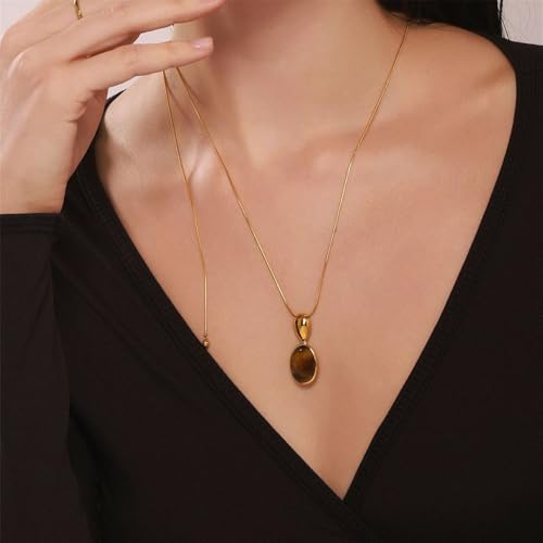 Geometry Oval Stone Pendant Necklace for Women Long Slip Chain Necklaces Tiger Eye Stone Stainless Steel Adjustable Link Chains Fashion Jewelry2