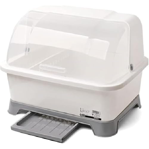 liritobor ディッシュラック、水切りラック、水切りかご、収納ボックス、カトラリーラック、防塵、防汚、取り外し可能、蓋付き、キッチンラック、水切りラック、水切りかご、縦置き、大容量、プラスチック製、取り外し可能なカトラリーオーガナイザー蓋付き (グレ