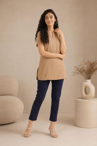 Image of SAADAA Women Cotton Pant Regular Slim Fit Mid Rise Trouser, Pocket Pants for Office School Formal Casual Daily Use