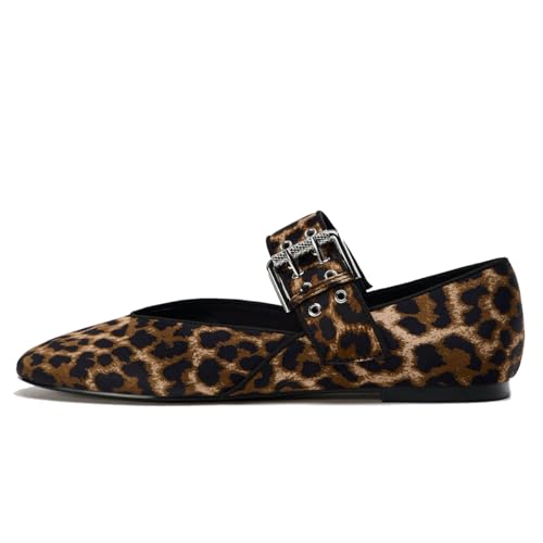 MRKEWUNEY Elegant Leopard Ballet Flats for Women Buckle Strap Mary Jane Flats