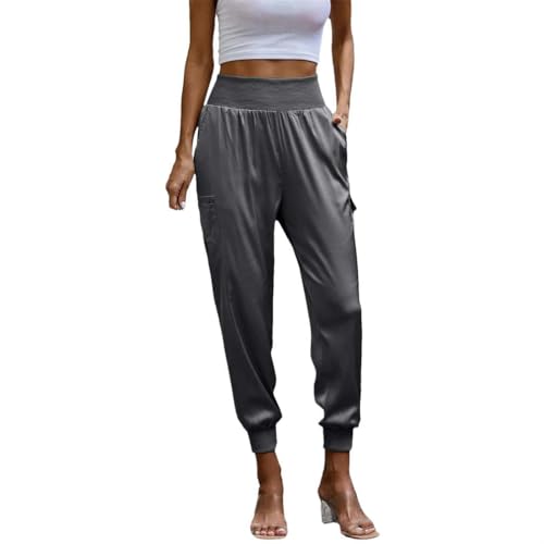 Pantalon cargo pour femme avec poche et taille élastique en satin de couleur unie