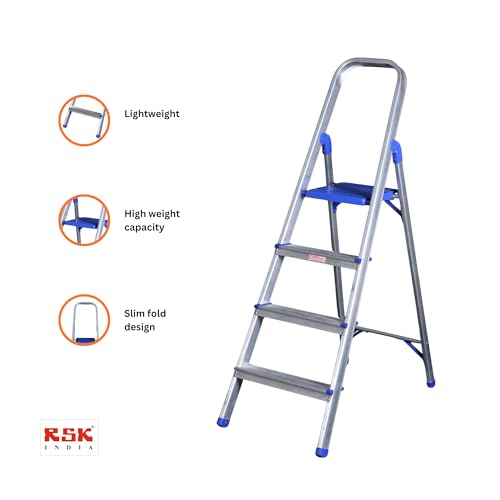 Image of Aluminium Foldable 4 Step Ladder | Firm Grip | 4 Steps (Aluminium Steps, Blue & Satin)