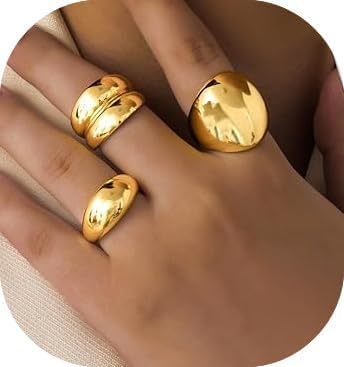Chunky Gold Rings for Women Adjustable Gold Statement Ring Set Open Dome Rings Chunky Silver Rings Minimalist Solid Ring Band Stackable Jewelry Size 6-9 - Image 2