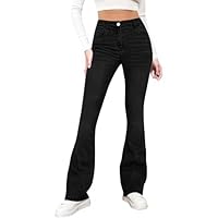Flared Jeans for Women, Ladies Bootleg Denim Jeans High Waisted Stretch Denim Trousers Comfy Skinny Work Trousers Casual Bootcut Pants with Pockets Everyday Wear Black