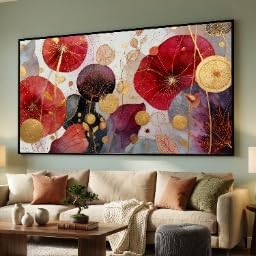 Toile botanique rouge violet feuille d'or 55x100 | Cadre inclus pour mur vide
