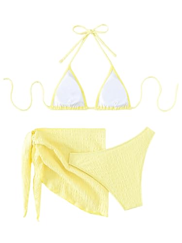 SHENHE Women's 3 Piece Textured High Cut Halter Triangle Bikini Swimsuit with Cover Up4