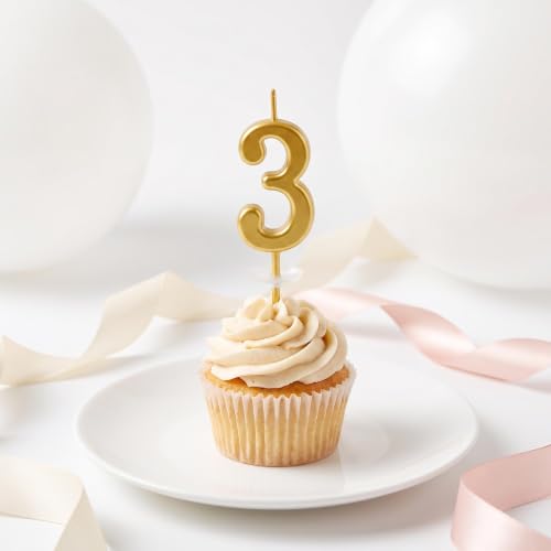 CARGEN Gold Number 3 Birthday Candle with Base Plate for Mini Smash Cakes