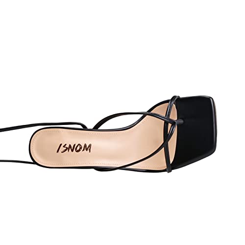 Isnom Lace Up Heels Sandals For Women, Square Toe Open Toe Thong Strappy Heels Women's Stiletto Heeled Sandals -Black #TOP3