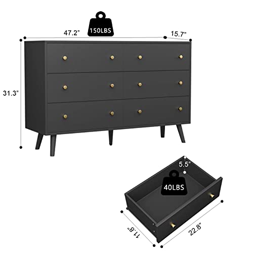 Sinrom Dresser For Bedroom, Modern Black Dresser With 6 Drawers, Wide Chest Of Drawers With Gold Handles #TOP2