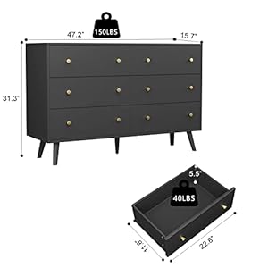 Black dresser for bedroom modern 6 drawer dresser wide chest of drawers with gold handles wood double dresser storage cabinet for living room bedroom hallway  urban country home decor