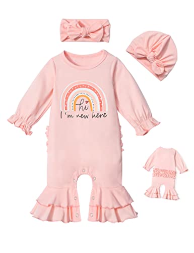 Agapeng Baby Girl Clothes Newborn Girl Clothes Hi I'm New Here Romper Ruffle Rainbow Onesie Flare Bell Bottom Jumpsuit Fall Winter Outfits Newborn Girl Outfits Pink With Headband Hat #TOP5