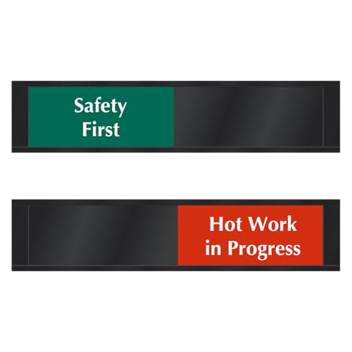 SmartSign Safety First/Hot Work In Progress Slider Sign, 2.25" x 10", 60 mil Plastic Plate in Aluminum Frame with Foam Adhesive Backing, Indicator for Industrial Facility, Red/Green on Black, USA-Made