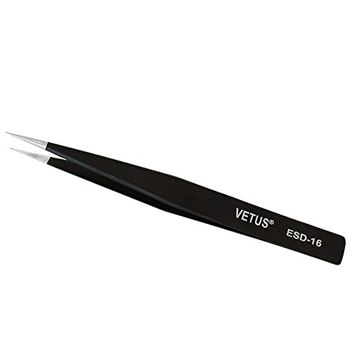 VETUS ESD Anti-static SMD Tweezer Non-magnetic Stainless Steel Pointed Tip for Repair PC Laptop Black ESD-16