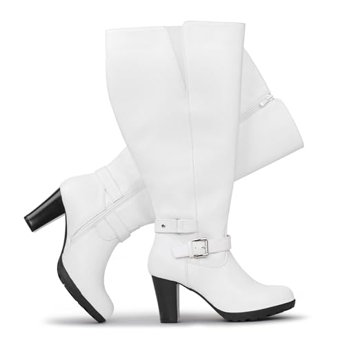 Chicblooms Women's Plus Size Extra Wide Calf High Heel Dress Boots with Ankle Buckle, White PU, 10 M US