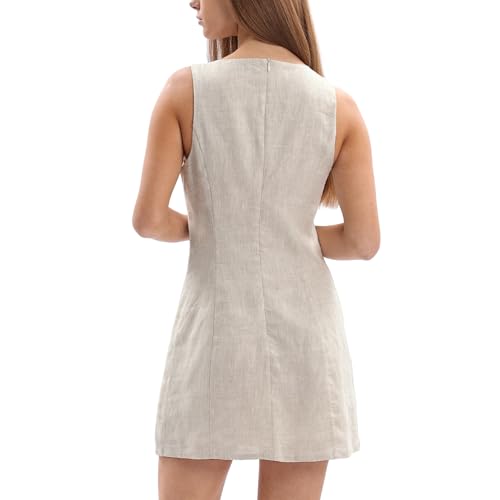 Image of Amazhiyu Womens 100% Linen V Neck Tie Front Mini Tank Dress | Sleeveless Short Dresses, A Line, Plunging Neckline, Lined, No Pocket, Vacation Vibe, Summer Outfits