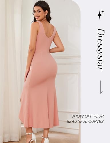 Image of Dressystar 2026 Women's Square Neck Bodycon Sleeveless Cocktail Dresses | wedding guest dresses for women, midi length, formal party dress, soft breathable stretchy material, slit ruffle hem design