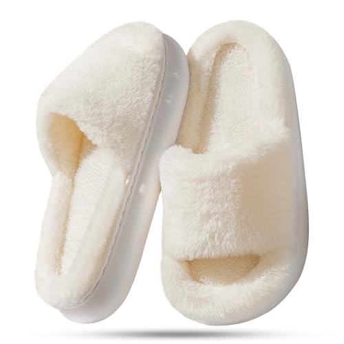 HUXMEYSON Slippers for Women, Fuzzy Faux Fur Memory Foam House Slippers, Flulffy Open Toe Cozy House Shoes Indoor Outdoor Flat Spa Slide Sandals