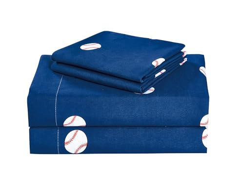 Chezmoi Collection 3-Piece Kids/Teens Sports Sheet Set - Soft Microfiber Navy White Red Baseball, Twin Size