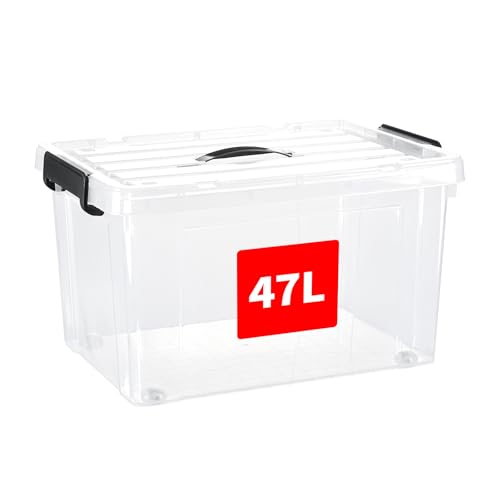 SKY-TOUCH 47 Liters Clear Plastic Storage Box with Lockable Lid & Wheels Plastic Organizer Bin with Handles 49x27.5x35cm 1pcs
