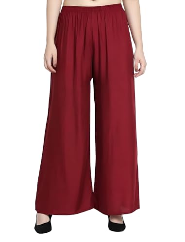 Image of FASHION GALLERY Women's Solid Rayon Palazzo Pants | Relaxed Fit Full Length Wide Leg Palazzo | Elastic Waist Comfortable Casual Lounge Office Ethnic Flared Trousers for Women