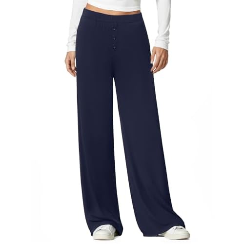 Women's Wide Leg Flowy Pants, Soft Modal Lounge Loose Pants with Pockets for Travel Casual Wear Navy Blue XX-Large